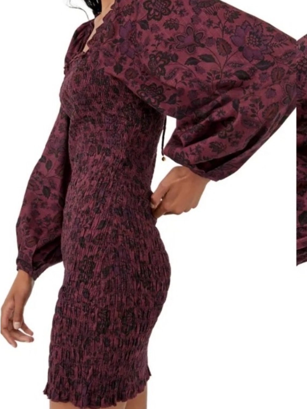 Free People Smock It Too Me Smocked Mini Dress Balloon Sleeves Bodycon Small S - Picture 14 of 14